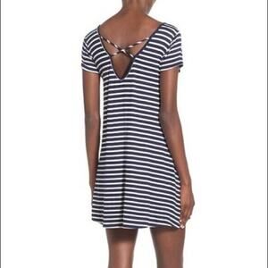Socialite Women's Blue Striped Criss Cross Back Dress - Size Medium - 90's Style